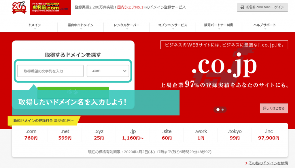 自分のWordPressブログで使用したいドメイン名を入力する