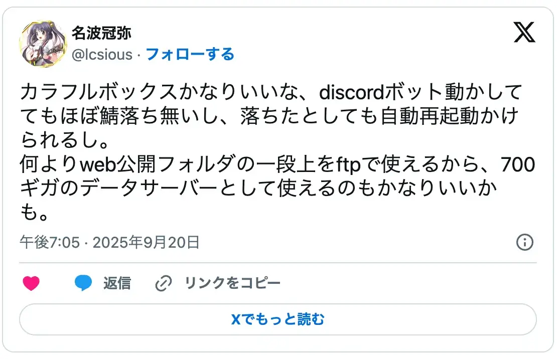 レンタルサーバーのおすすめ活用例:Discordボットの安定稼働と700GBデータサーバー利用を評価するカラフルボックスの口コミ