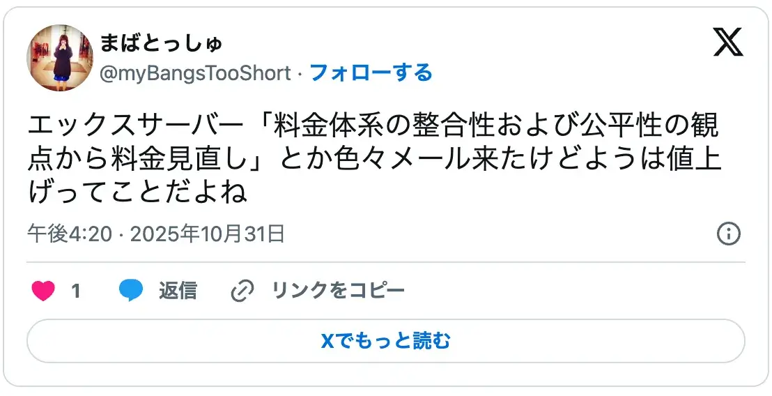 エックスサーバーの料金改定メールが実質的な値上げであることを指摘する口コミ。整合性と公平性を理由とした価格変更への評判