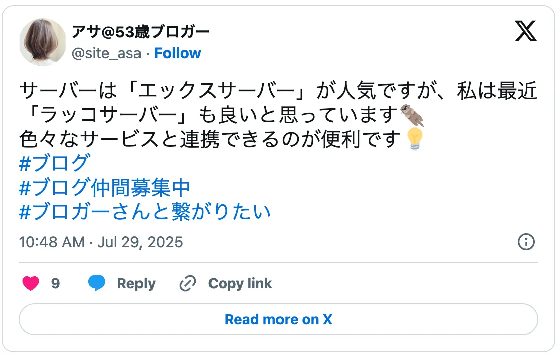 サーバーは「エックスサーバー」が人気ですが、私は最近「ラッコサーバー」も良いと思っています
色々なサービスと連携できるのが便利です
