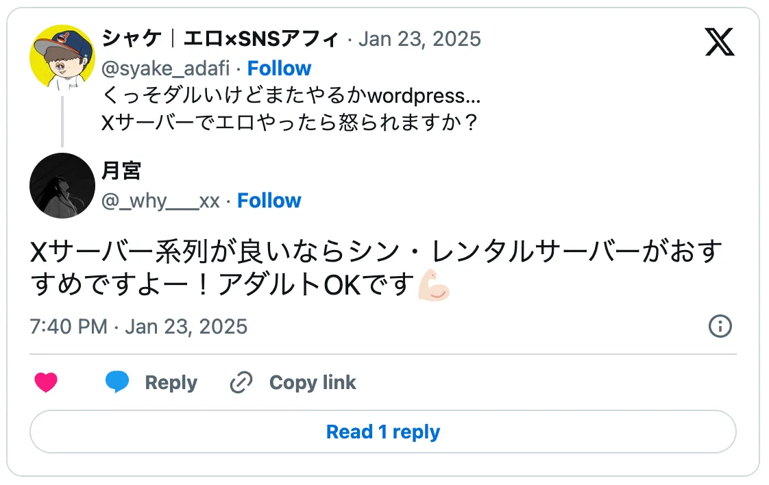Xサーバー系列が良いならシン・レンタルサーバーがおすすめですよー！アダルトOKです